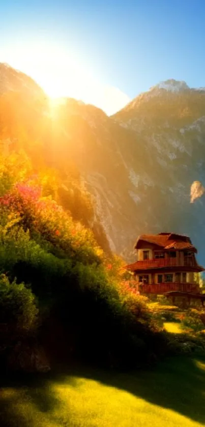 Sunrise over mountains with a cozy cabin nestled in lush greenery.