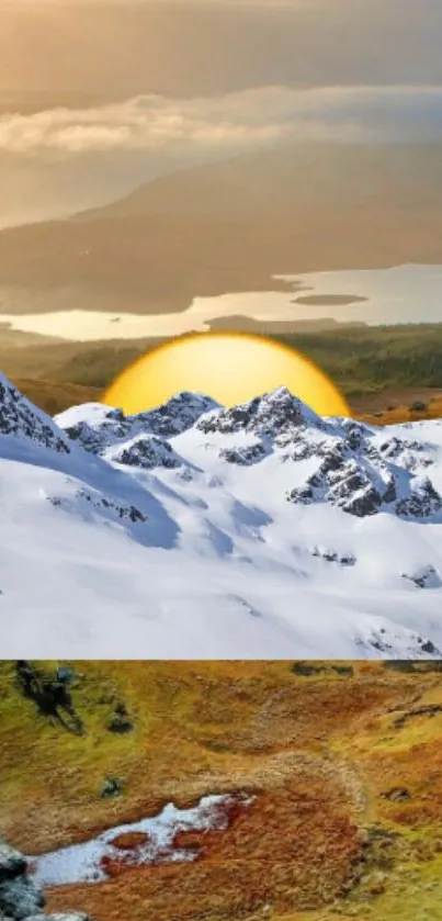 Majestic mountain sunrise over snowy peaks with golden light.