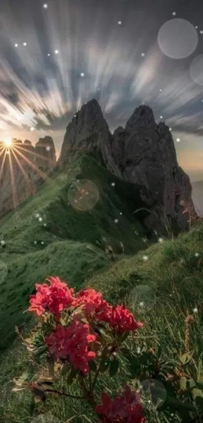 Scenic mountain sunrise with wildflowers, capturing the beauty of dawn over lush peaks.