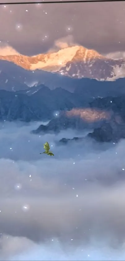 A dragon flies over misty mountains at sunrise in this fantasy wallpaper.