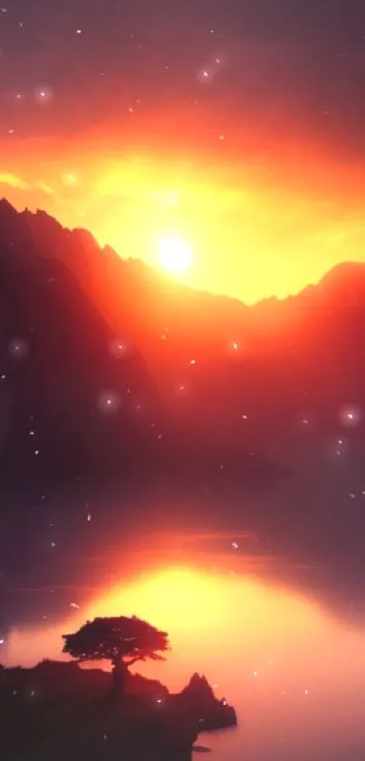 Peaceful sunset over mountains with vibrant orange hues reflecting on water.