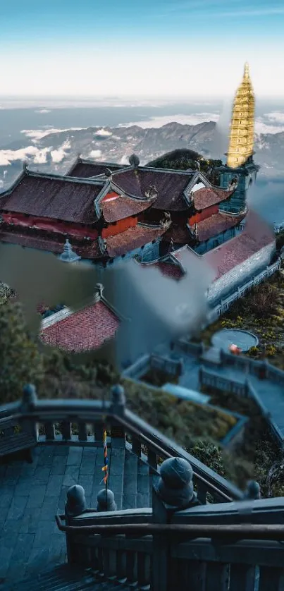 Mystical mountain temple shrouded in clouds with stone staircase.