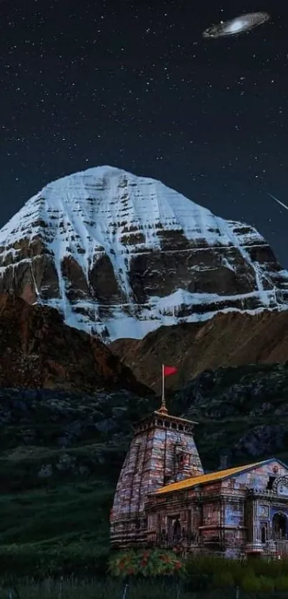 Night view of a mountain temple under a starry sky with galaxy.