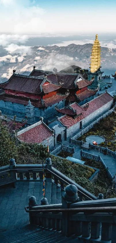 Ancient mountain temple with misty clouds.