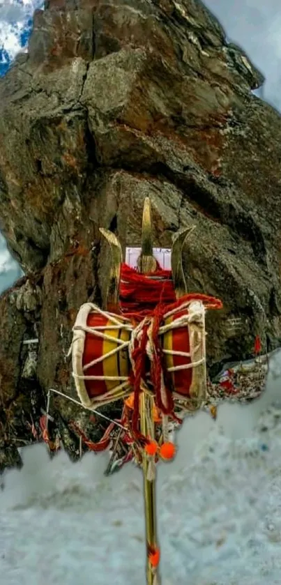 Spiritual Trishul and Damaru with mountain backdrop.