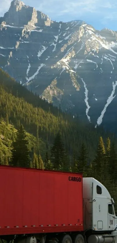 Truck journey through mountain landscape with green forest foreground.