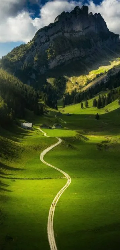 Scenic view of a green valley with a winding road and majestic mountain.