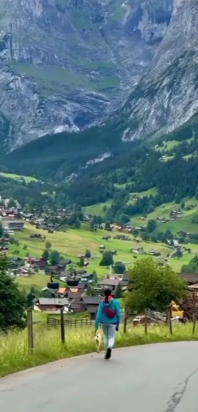 A hiker walks down a peaceful mountain path.