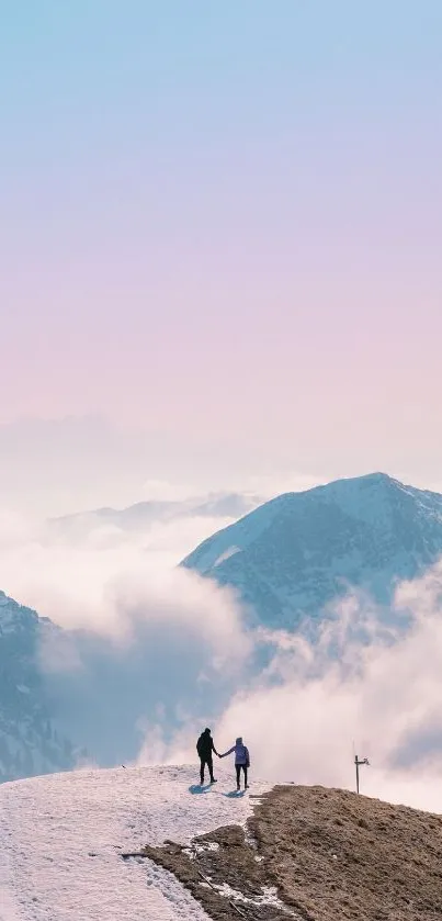 Two people walking on a snowy mountain with pastel sky.