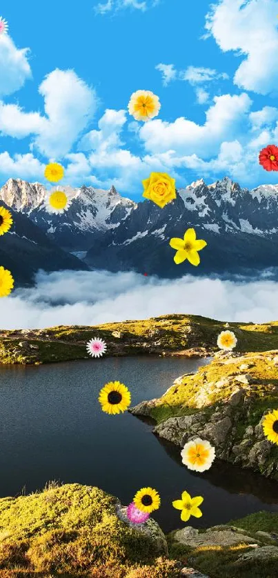 Breathtaking mountain scene with floating colorful flowers under a bright blue sky.