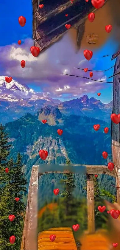 Mountain view with red heart balloons floating in sky near a rustic cabin.