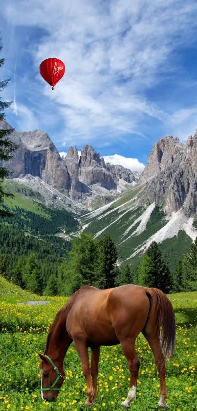 Mountain landscape with horse and hot air balloon.