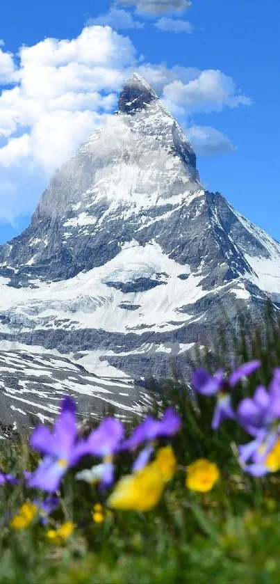 Mountain landscape with blue sky and colorful wildflowers in foreground.