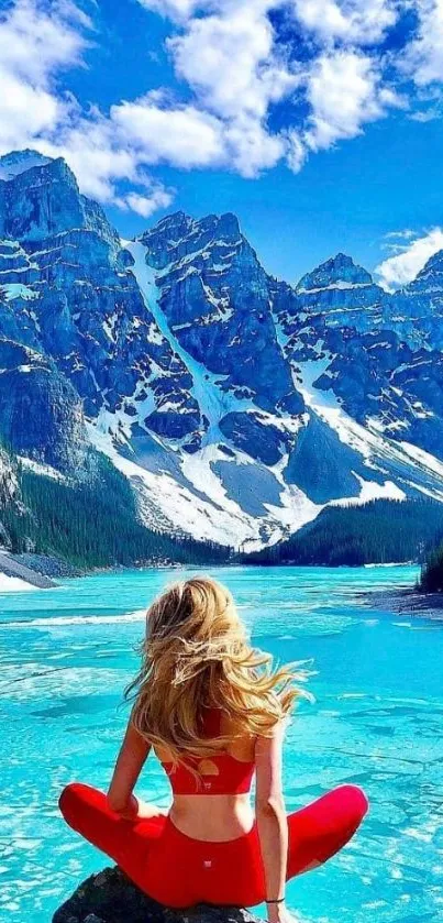 Peaceful mountain view with yoga scene and blue waters.