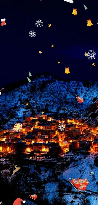 Nightscape of illuminated mountain village under starry sky.