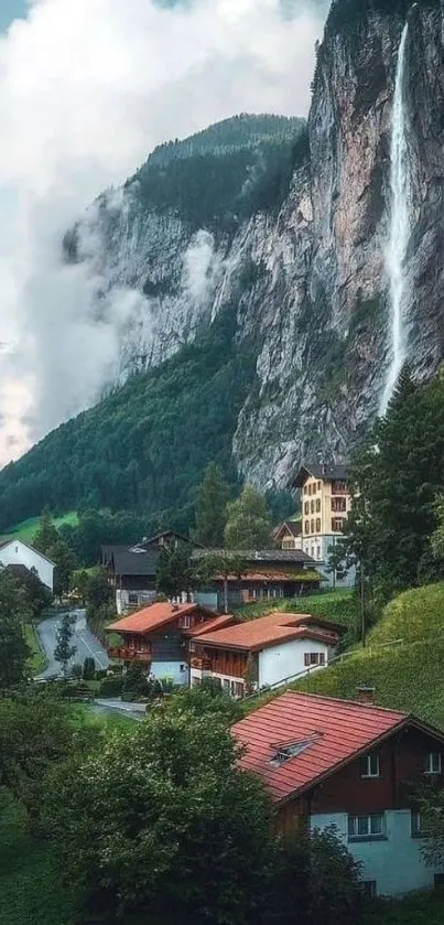 Scenic mountain village with waterfall and greenery.