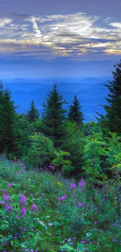 Serene mountain landscape with lush greenery and a vibrant blue sky.