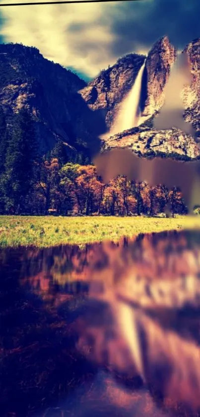 Scenic wallpaper featuring a majestic mountain waterfall with vibrant autumn colors.