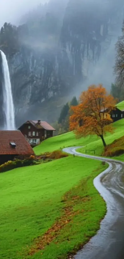 Scenic view of a mountain waterfall and autumn foliage.