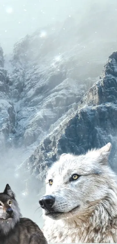 Misty mountain landscape with wolves and adventurer in a mobile wallpaper.