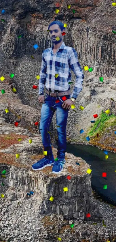 Person standing on rugged cliff overlooking a scenic river canyon.