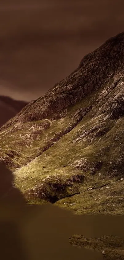 Brown mountainous landscape with dramatic lighting.