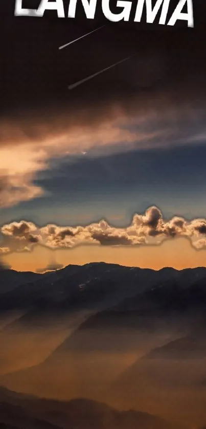 Sunset over mountains with clouds and dark skies.