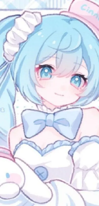 Cute anime girl with blue hair and eyes, wearing a light outfit.