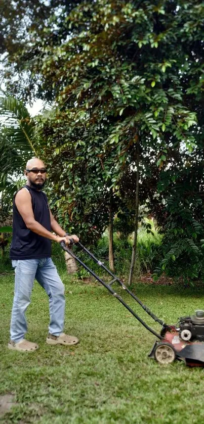 Man mowing lawn in lush green garden setting.