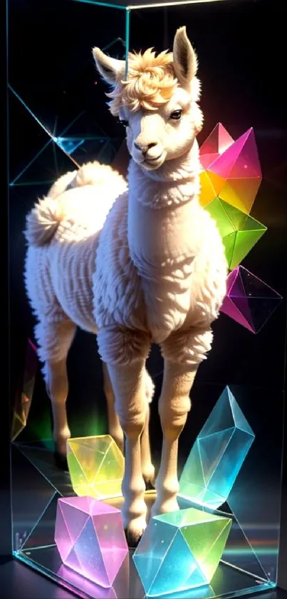 Geometric llama with multicolor neon prisms in glass display.