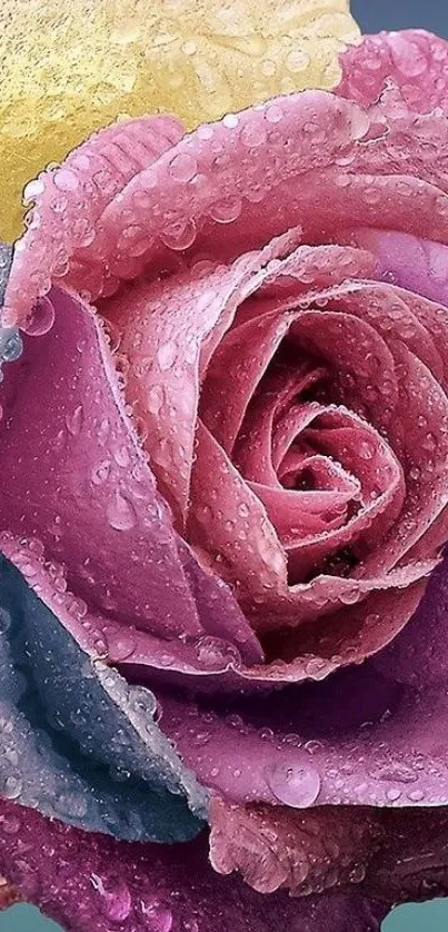 Close-up of multicolored rose with dewdrops.