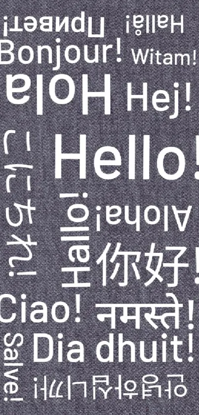 Multilingual hello wallpaper with dark textured background.