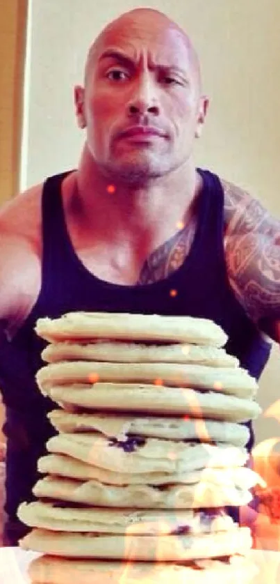 Muscular man with pancakes and utensils, fitness-themed wallpaper.