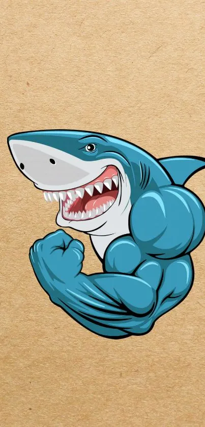 Muscular cartoon shark on beige background, flexing powerfully.