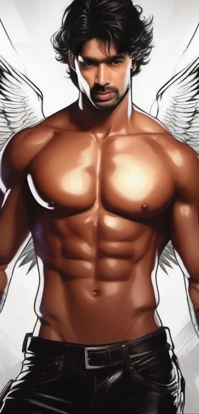 Mobile wallpaper of a muscular male angel with detailed wings in a fantasy style.