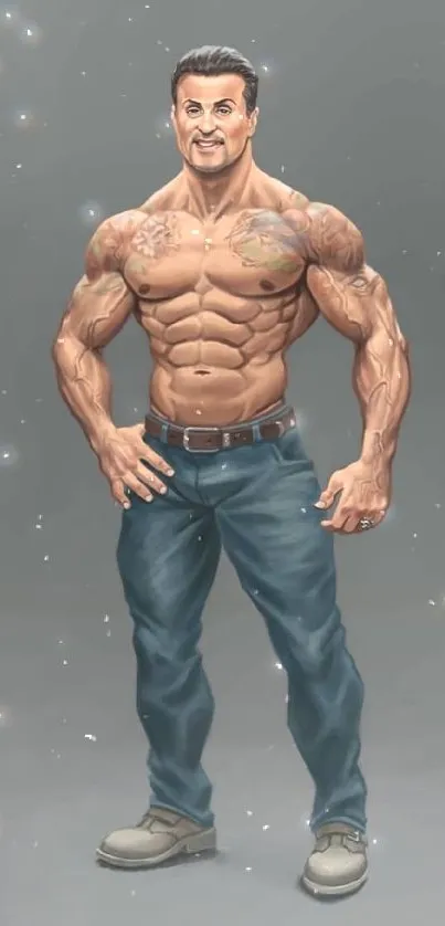 Muscular cartoon character with tattoos on gray background.