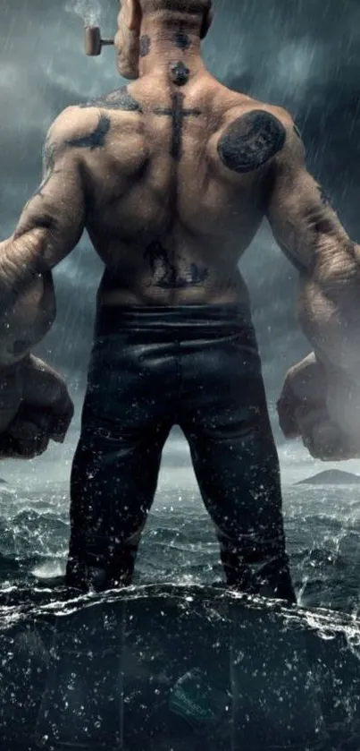 Muscular figure in rain with dark ocean backdrop wallpaper.