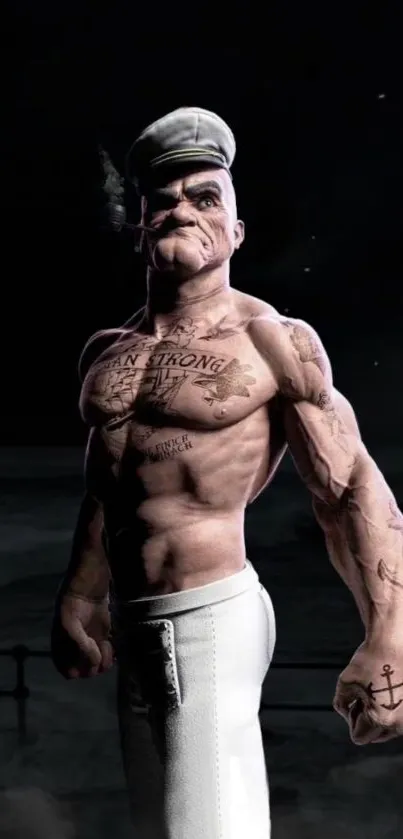 Muscular cartoon sailor character with tattoos in a dark artistic setting.