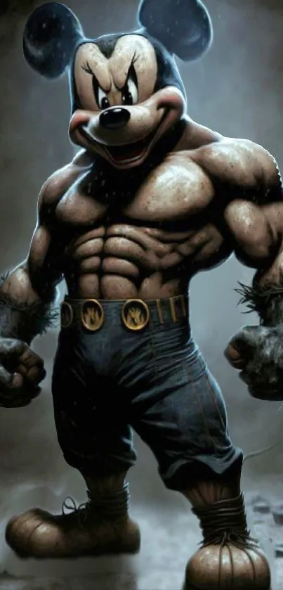 Muscular cartoon character in dark, dramatic setting on mobile wallpaper.