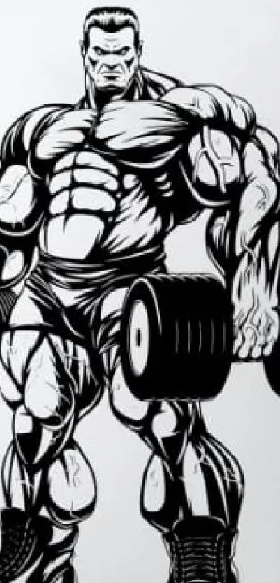 Muscular cartoon character lifting dumbbells with a bold black and white design.