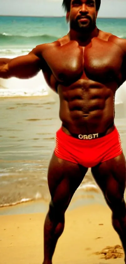 Muscular individual on beach with red shorts.