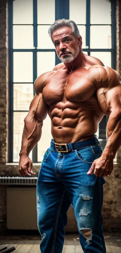 Muscular man standing by a window in jeans, showcasing a fit physique.