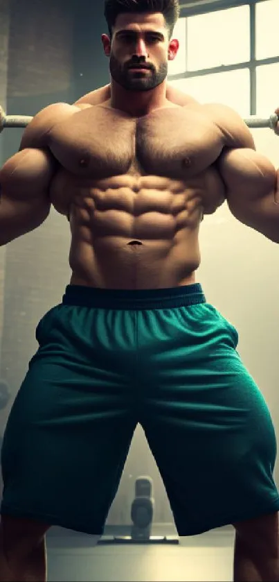 Muscular man lifting weights in a gym setting, showcasing strength and fitness.