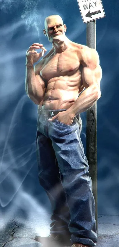 Muscular man leaning on a pole under a one-way street sign.