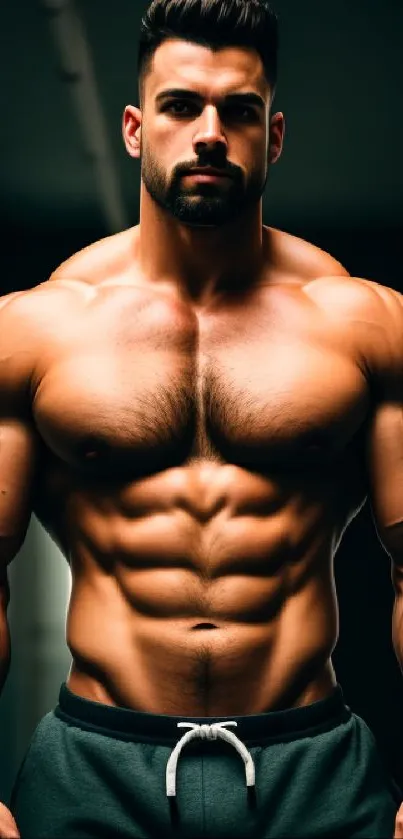 A powerful muscular physique in gym lighting for a mobile wallpaper.