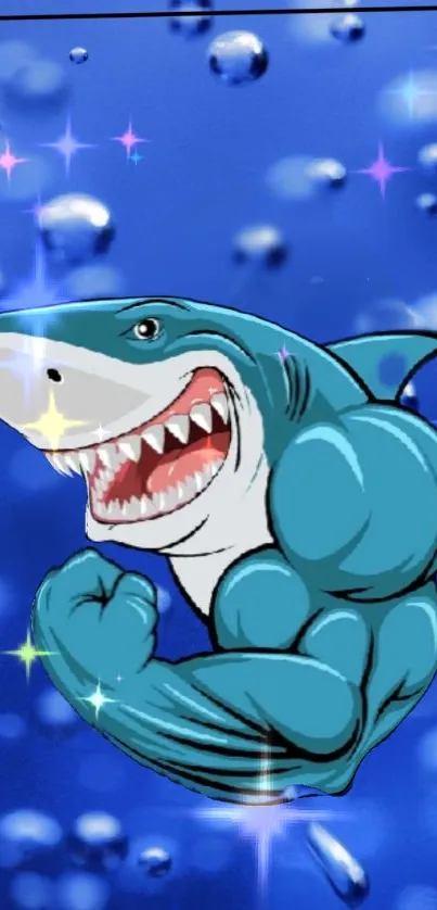 Cartoon muscular shark in blue vibrant background with bubbles.