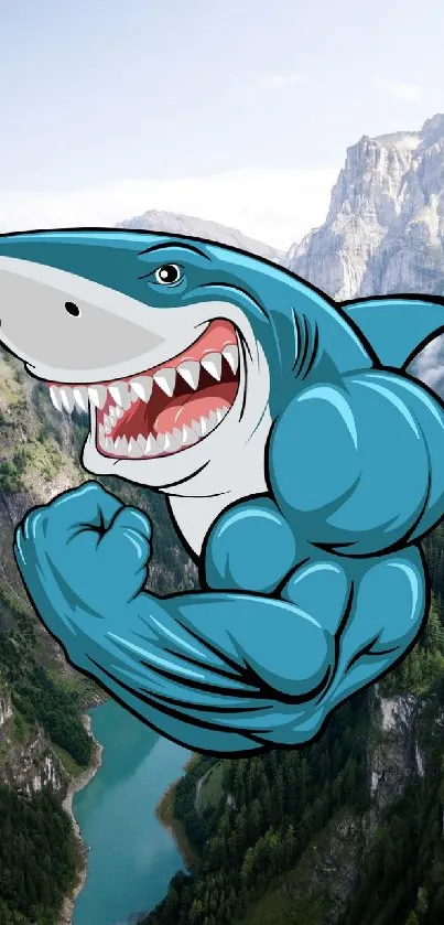 Cartoon muscular shark over mountain scenery wallpaper.