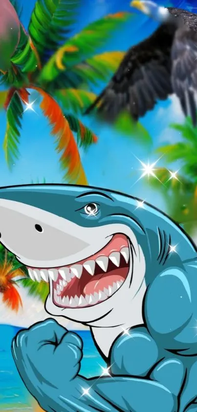 Cartoon shark with muscles amid tropical beach scene with palm trees.