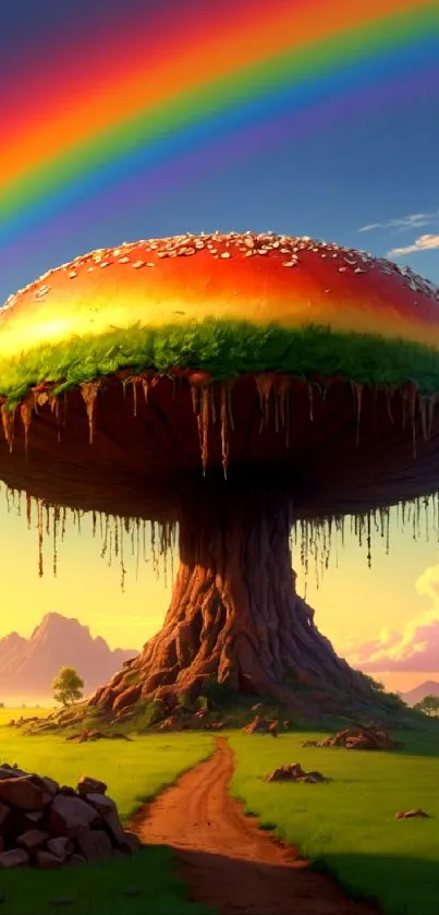 Giant mushroom with rainbow in fantasy landscape wallpaper.