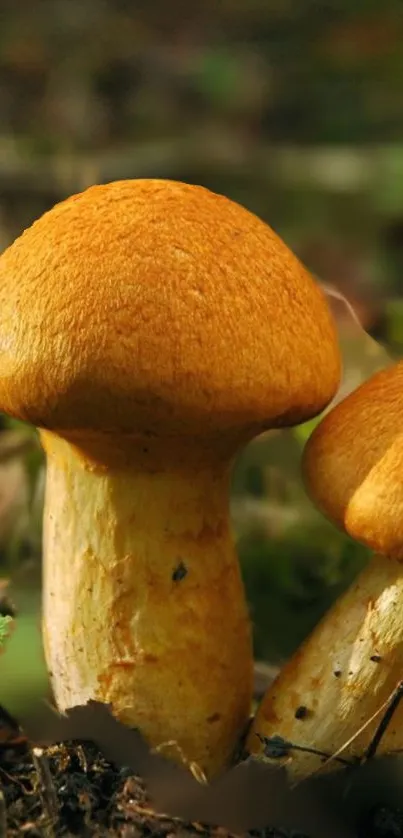 Close-up of orange mushrooms in a forest setting.